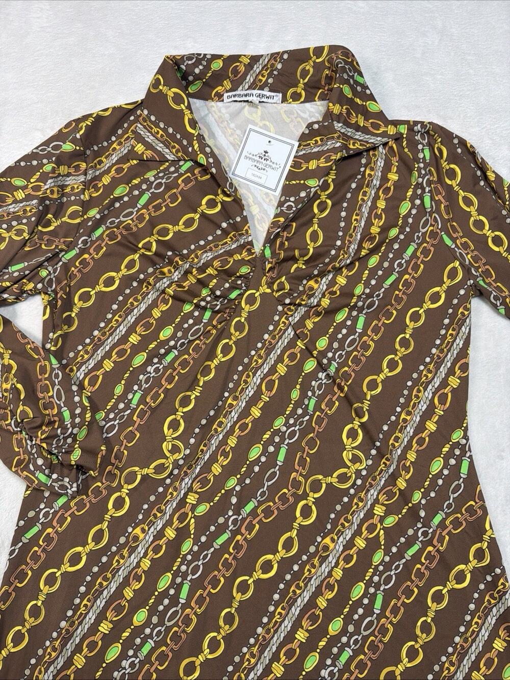 Barbara Gerwit Chain Print Dress Brown Gold Green V-Neck Ruched Knit Women XL